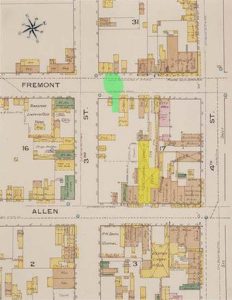 Annotated 1886 fire map of Tombstone indicating the actual shootout location (in green) and the O.K. Corral (in yellow) on the other side of the block. ( Google images )