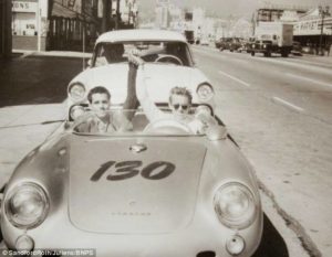 Last official photograph of James Dean on September 30, 1955 before the accident. Rolf Wutherich is seen as the passenger.