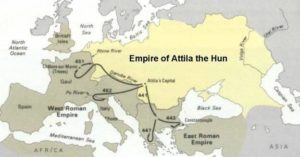 Attila's Empire with the routes of invasions and battles 