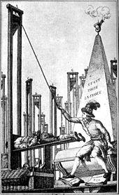 A satirical picture showing Robespierre using the guillotine of the executioner after everyone else in France had been executed.