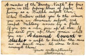 An anonymous card received by an American living in England at the outbreak of war.