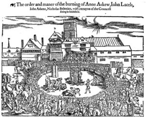 contemporary woodcut of the execution of Anne Askew and the others