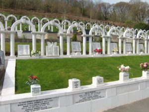 the memorial arches that dominate the hillside cemetery, outside Aberfan. Each arch represents one child lost. Not all of the children were buried here, some families chose private funerals and burials in other areas for their children.
