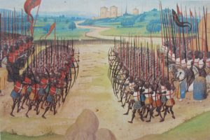 15th C depiction of Battle of Agincourt (miniature) showing the castle in the background