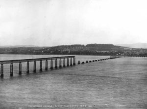 Picture of Tay Bridge following the collapse. (Wormit side) note the thin piers and the equally narrow bases....