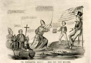 A strident Anti-Catholic cartoon depicting members of the Know-Nothing Party opposing the Pope as he arrives in America. Photo Credit- http://history1800s.about.com/od/immigration/a/knownothing01.htm 