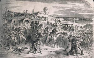 illustration showing border ruffians marching on Lawrence, Kansas Territory, copied from History of Kansas Photo Credit- www.kshs.org