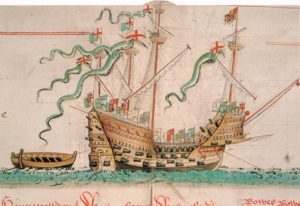 The Mary Rose as depicted in the Anthony Roll. Photo Credit- Wikipedia