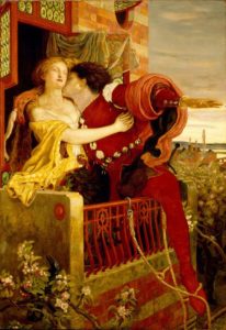 An 1870 oil painting by Ford Madox Brown depicting the play's famous balcony scene Photo Credit- http://www.whataboutclients.com/archives/2009/07/_ford_madox_bro_1.html ,