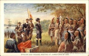 English and Indians Meeting at Jamestown in 1607 Photo Credit- www.cardcow.com
