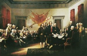 Original of John Trumball's 'Declaration of Independence' commissioned for the Rotunda in 1817. This painting is 12ft by 18ft, painted from a smaller version which is now held at Yale. It actually depicts the drawing up of the draft on 28 June, not the actual signing of the finished declaration. Thomas Jefferson is famously noted on this picture to be standing on John Adams' foot, denoting their political rivalry. This however is incorrect, they are merely standing close to each other. Trumball was unable to get all of the signatories in the same place to paint them into the picture, but depicted are 42 of the 56, with one of them, Benjamin Harrison V being represented by his son. Also depicted are several members who took part in the debate, but did not sign, including John Dickinson, who declined. Several of the people were painted from earlier portraits and likenesses.
