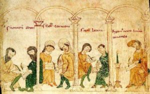 Scribes of and for the various populations of the Kingdom of Sicily: Greeks, Saracens, Latins. photo credit= By Peter of Eboli - Liber ad honorem Augusti, Public Domain