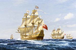 “Historic Voyage, Sea Venture and Consorts at Sea 1609,” a 1984 oil painting by Deryck Foster. Photo Credit: http://www.historyisfun.org/