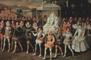 Elizabeth I borne aloft by her courtiers during a procession in this c1601 painting by Robert Peake Photo Credit - Bridgeman Art Library