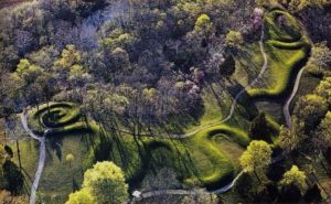 Aerial view of the Great Serpent Mound. Photo Credit- http://ohiowins.com/great-serpent-mound/