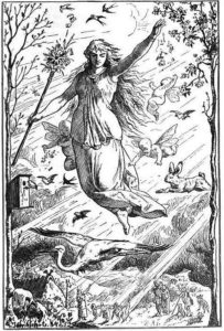 Ostara (1884) by Johannes Gehrts. The goddess flies through the heavens surrounded by Roman-inspired putti, beams of light, and animals. Germanic people look up at the goddess from the realm below. 