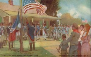 A postcard depiction of the raisin of the American flag over St. Louis on March 10, 1804. Photo Credit- Missouri History Museum